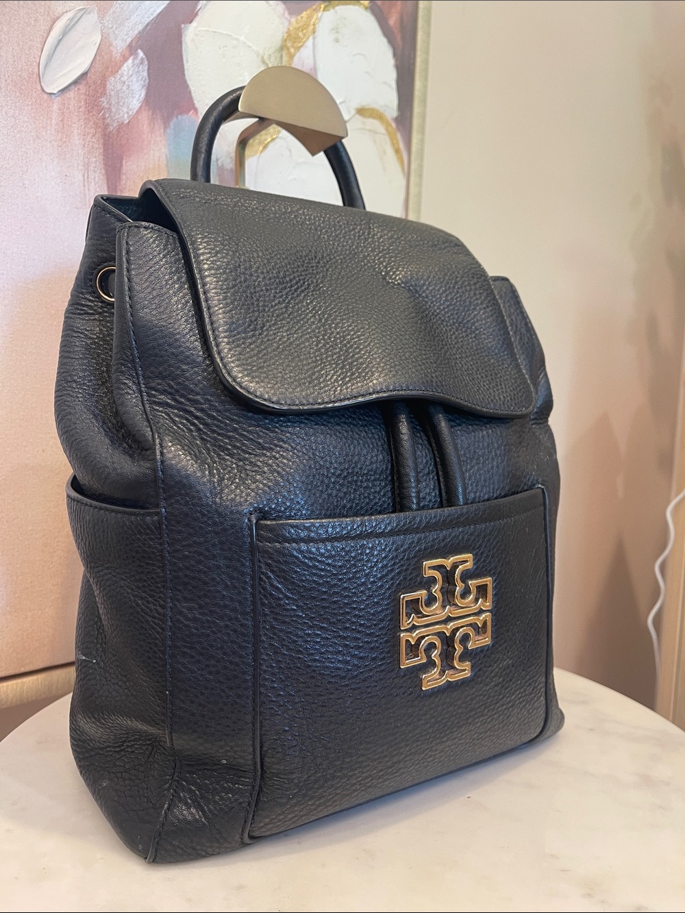 Tory Burch Black Britten Pebbled Leather Logo Backpack with Gold Hardware - Picture 3 of 5